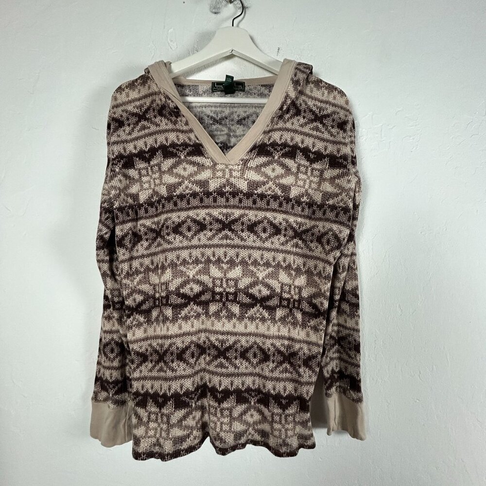 L-RL Ralph Lauren Active Womens Knit Hooded Sweater XL Brown Geometric Pattern
